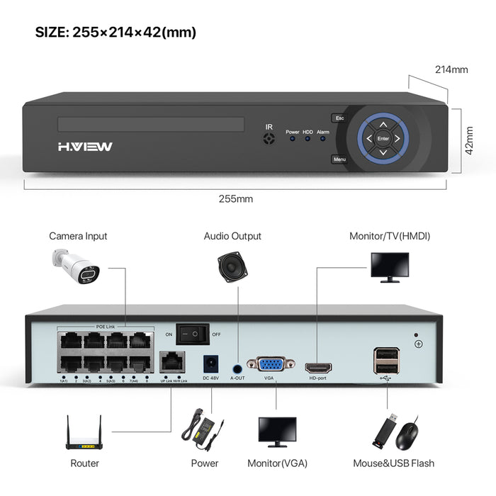 H.View 4K 8Ch Poe Nvr 8Mp Cctv Security System Face Detection H.265 Network Surveillance Audio Video Recorder xmeye Onvif