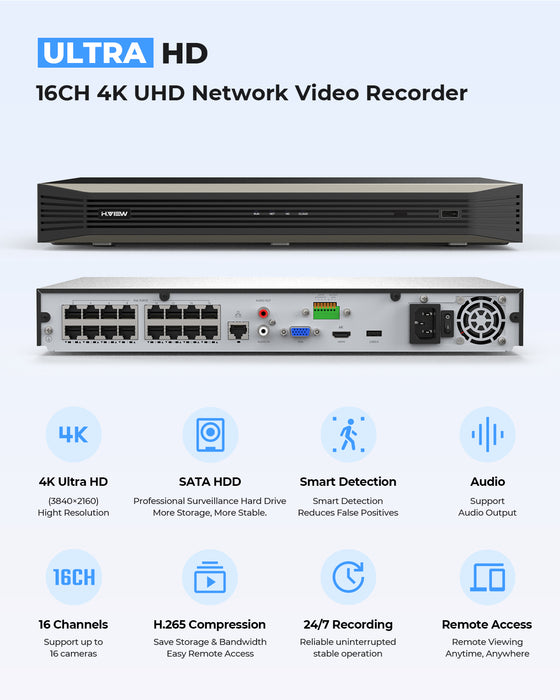 H.VIEW 16 Channels 4K 8MP POE NVR Recorder Onvif Video Recorder, Support 16x8MP/4K IP Security Cameras, Max up to 2×10TB Hard Drive(Not Included)