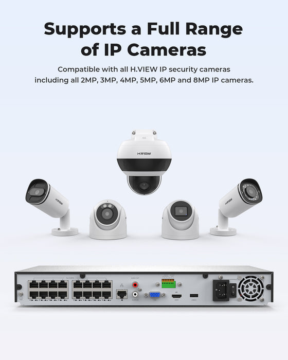 H.VIEW 16 Channels 4K 8MP POE NVR Recorder Onvif Video Recorder, Support 16x8MP/4K IP Security Cameras, Max up to 2×10TB Hard Drive(Not Included)