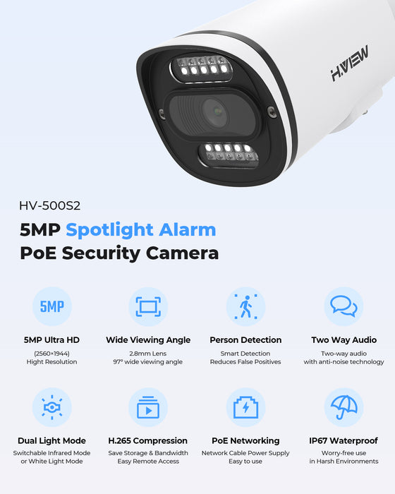 H.VIEW 8 Channels 5MP PoE Security Camera System, Smart Dual Illumination, Two-Way Audio, Person Detection, HVK8-500S2-5MP