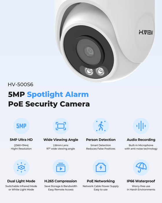 H.VIEW 8 Channels 5MP PoE Security Camera System, Smart Dual Illumination, Audio Recording, Person Detection, HVK8-500S6-5MP
