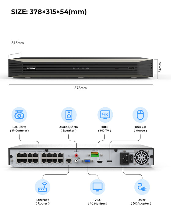 H.VIEW 16 Channels 4K 8MP POE NVR Recorder Onvif Video Recorder, Support 16x8MP/4K IP Security Cameras, Max up to 2×10TB Hard Drive(Not Included)