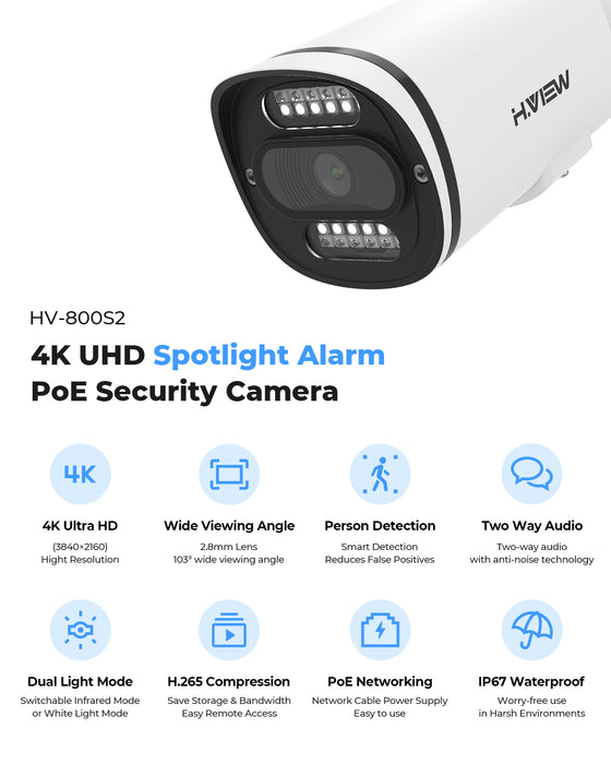 H.VIEW 4K POE Camera with Two-way Audio, Cloud Server, Spotlight, Human Body Detection, 2.8mm Lens, IP67 Weatherproof, HV-800S2