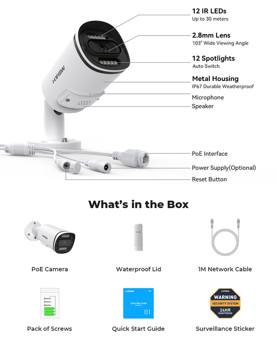 H.VIEW 4K POE Camera with Two-way Audio, Cloud Server, Spotlight, Human Body Detection, 2.8mm Lens, IP67 Weatherproof, HV-800S2