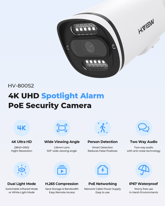 H.VIEW 16 Channels 4K 8MP PoE Security Camera System, Smart Dual Illumination, Audio Recording, Person Detection, HVK16-800S2+800S6-8MP