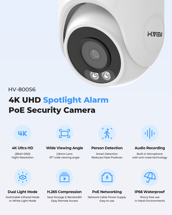 H.VIEW 16 Channels 4K 8MP PoE Security Camera System, Smart Dual Illumination, Audio Recording, Person Detection, HVK16-800S2+800S6-8MP