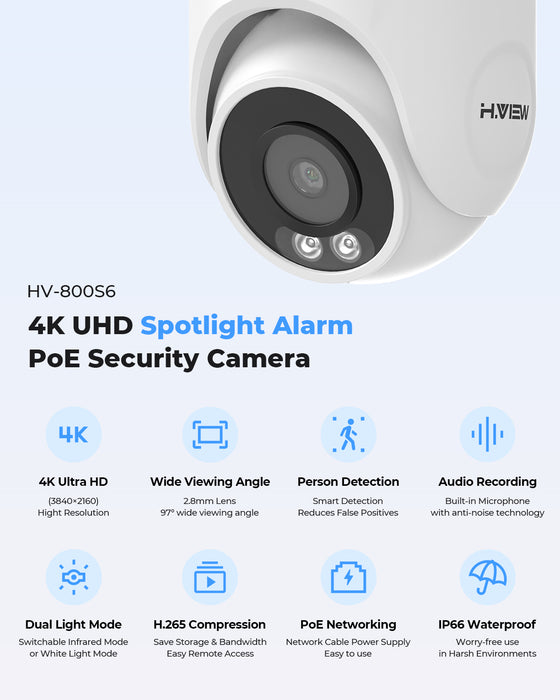 H.View 4K (8MP) Ultra HD 16 Kanäle PoE-Sicherheitssystem mit Audiokrott-Kuppel- und Kugelkameras