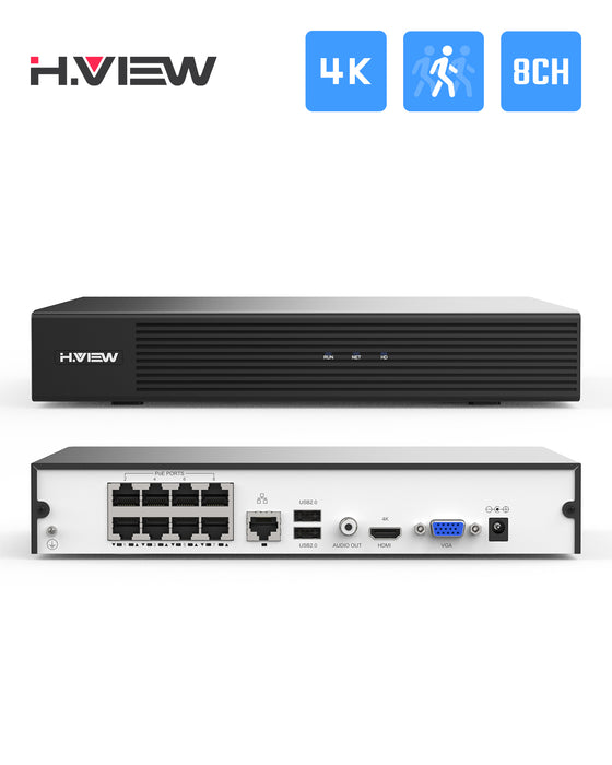 H.VIEW 8 Channels 4K 8MP POE NVR Recorder Onvif Video Recorder, Support 8x8MP/4K IP Security Cameras, Max up to 6TB Hard Drive(Not Included)