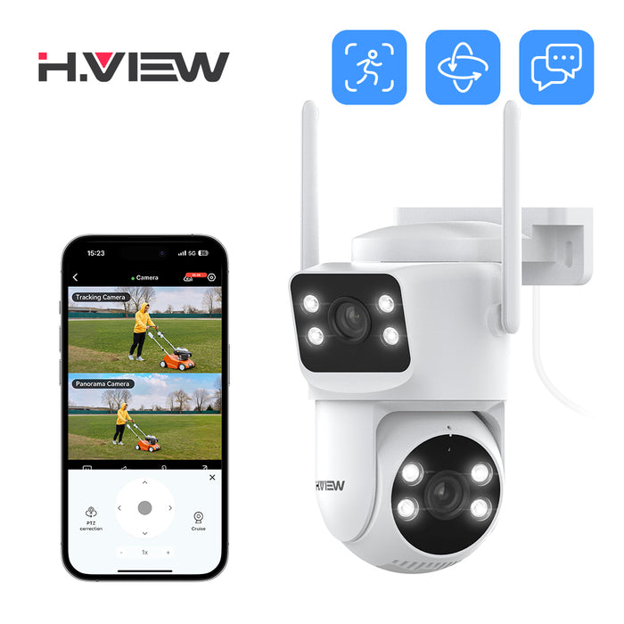 H.VIEW 2K 3MP Dual Lens WiFi Security Camera Outdoor, 360° Pan Tilt Auto Tracking, Full Color Night Vision, Smart Detection, 2-Way Audio, Motion Spotlight, HV-QC6-2