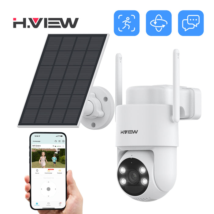 H.VIEW 2K 3MP Solar Security Cameras Wireless Outdoor, 360° Pan Tilt Auto Tracking, Full Color Night Vision, Smart Detection, 3-Day Unlimited Recurring Free Cloud Storage, HV-QW5