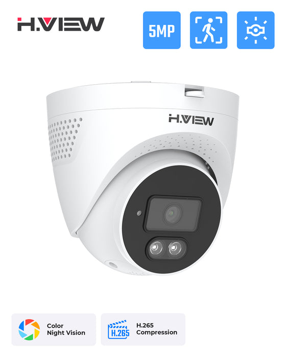 H.VIEW 5MP Spotlight Camera, POE Outdoor Security IP Turret Camera with Mic/Audio, 5-Megapixel, 2.8mm Lens, IP67 Weatherproof, HV-XM502