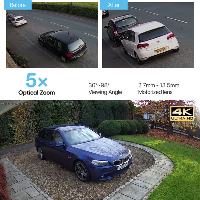 H.VIEW 4K (8MP) 5× Optical Zoom Outdoor Security Camera, Built-in SD Card Slot, 3840x2160, Audio, H.265, 100ft Night Vision, IP67 Waterproof IP Bullet PoE Camera, AI Detection