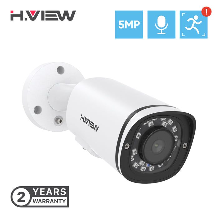 H. View 5MP PoE IP Bullet Camera Outdoor Weatherproof IP67, One-Way Audio, Built-in SD Card Slot, 2.8mm, Wide Angle, Human Body Detection, Snapshot Alert (HV-500G2A)