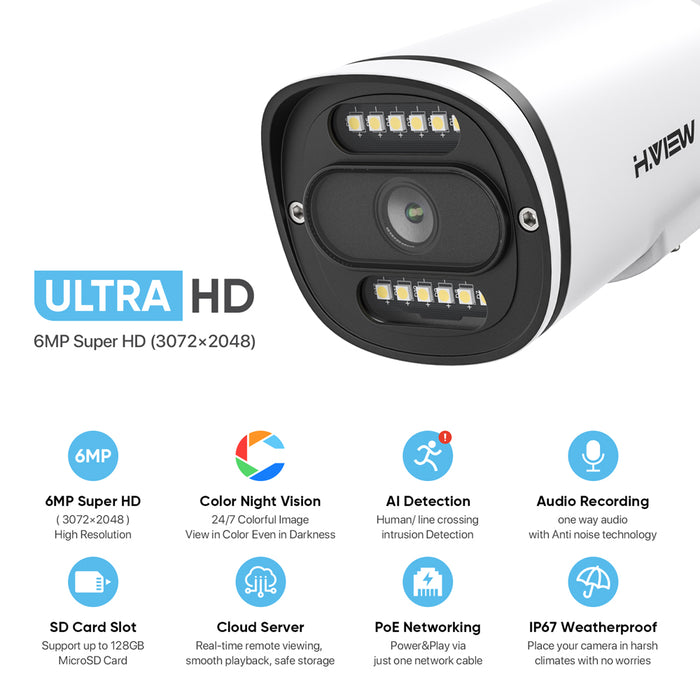 H.VIEW 6MP Ultra HD Security Camera, IP POE Network Camera, Full Color Night Vision, Smart H.265+, Bullet Weatherproof ip67, Built-in Mic,Human Detection