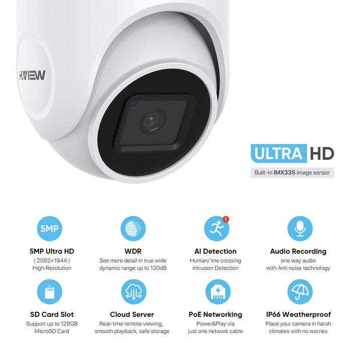 H.VIEW POE IP Camera Outdoor 5MP(2560x1920 at 30 FPS) Home HD Video Surveillance,100ft IR Night Vision, Motion Detection, Support Up to 128GB Micro SD Card(Not Included)