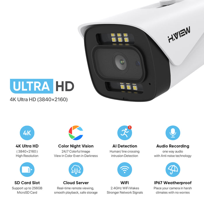 H.VIEW 8MP IP WiFi Security Camera , Full Color Night Vision, Smart H.265+, Built-in Mic, Snapshot Alarm, Wide Angle, WiFi Network Camera, Human Detection, Support Up to 256GB Micro SD Card(Not Included)