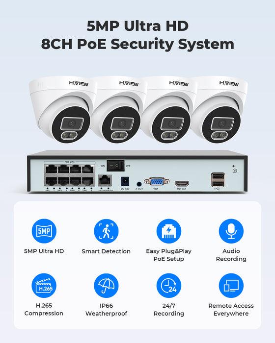 H. View 8CH 5MP PoE Dome-Sicherheitssystem mit Scheinwerferkamera AI Gesichtserkennung
