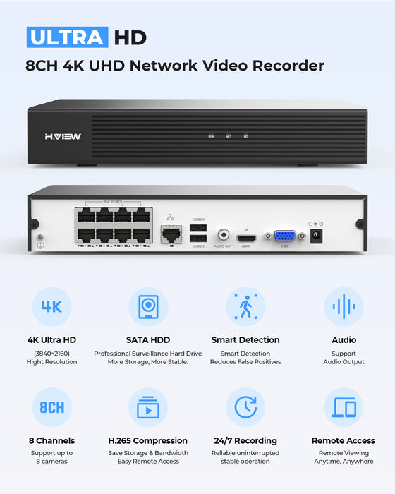 H.VIEW 8 Channels 4K 8MP POE NVR Recorder Onvif Video Recorder, Support 8x8MP/4K IP Security Cameras, Max up to 6TB Hard Drive(Not Included)