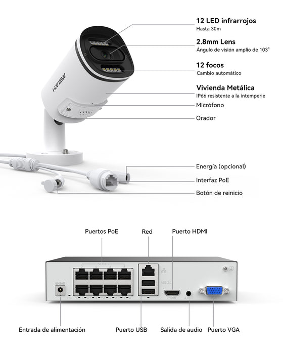 H.VIEW 8 Channels 4K 8MP PoE Security Camera System, Color Night Vision, Two-Way Audio, Person Detection, US88800S6-4TB