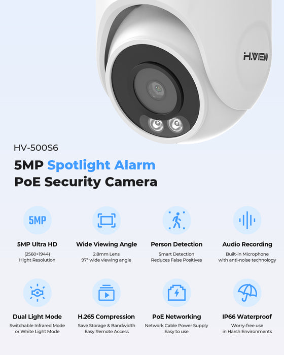 H.View 5MP Ultra HD 8-Kanäle Poe-Sicherheitssystem mit Audiokrott-Kuppel- und Kugelkameras