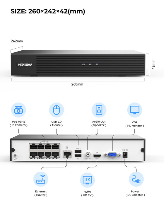 H.VIEW 8 Channels 4K 8MP POE NVR Recorder Onvif Video Recorder, Support 8x8MP/4K IP Security Cameras, Max up to 6TB Hard Drive(Not Included)