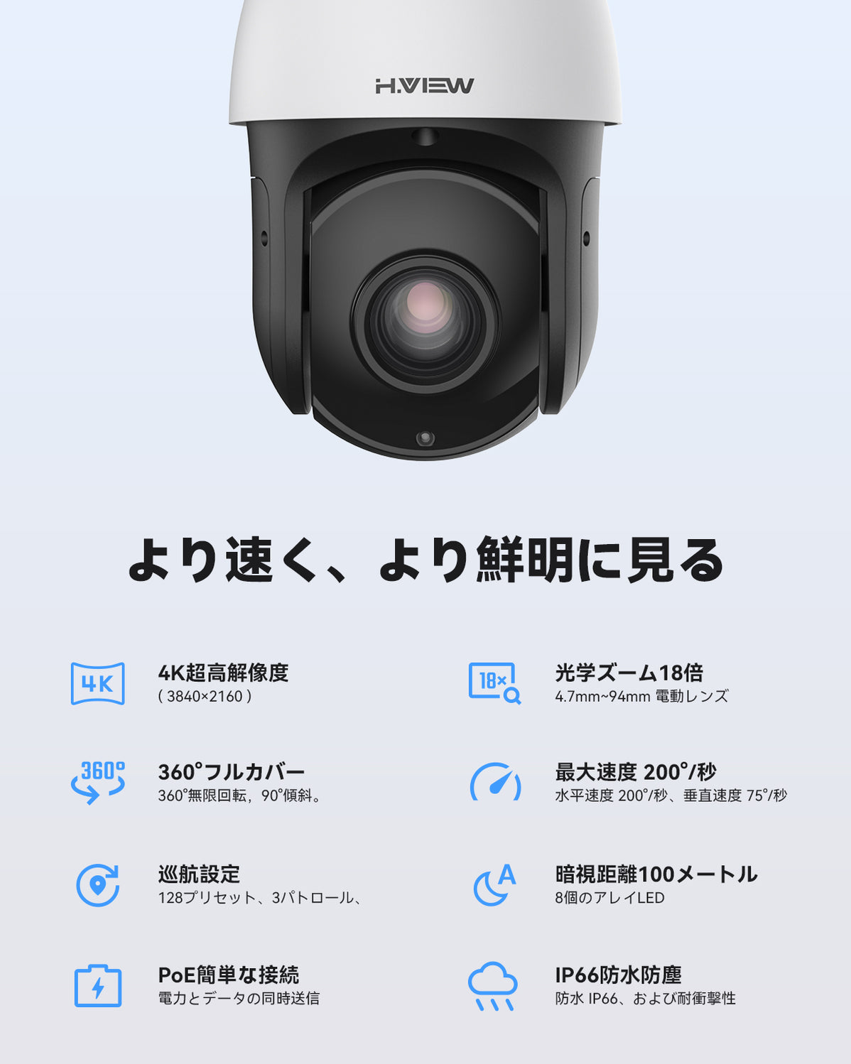 H.View PTZ防犯カメラ 18X光学ズーム 赤外線 防犯カメラ 4k 800万画素 POE ネットワークカメラ 監視カメラ 8MP 4 ...