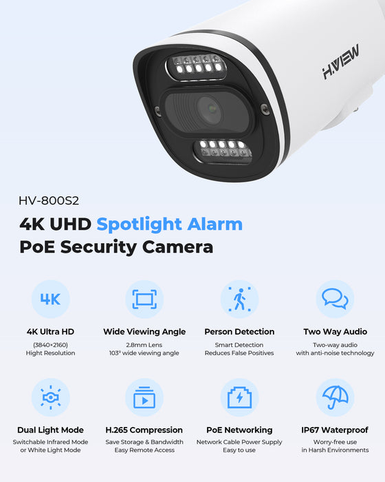 H.View 4K (8MP) Système de sécurité PoE ultra HD 16 canaux avec caméras de dôme et de bullet audio