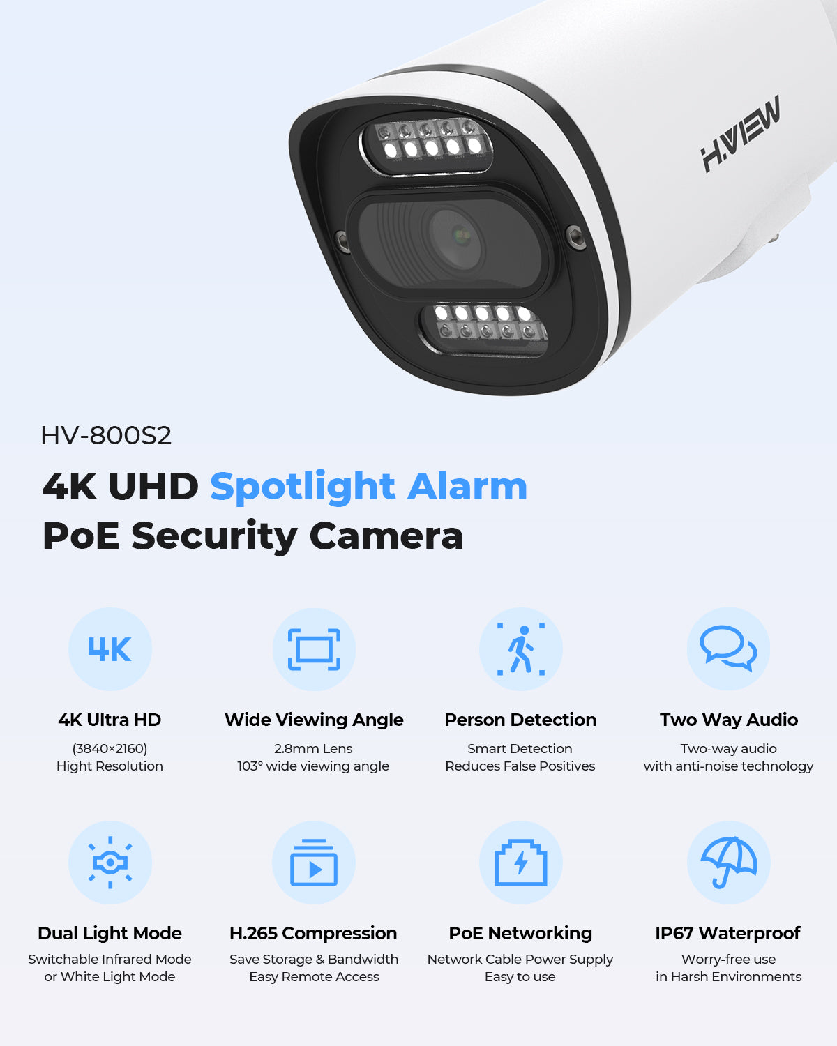 H.VIEW 16 Channels 4K 8MP PoE Security Camera System, Smart Dual Illumination, Two-Way Audio, Person Detection, HVK16-800S2-8MP
