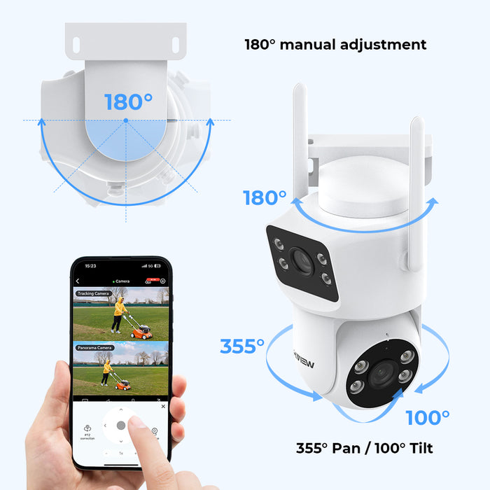 H.VIEW 2K 3MP Dual Lens WiFi Security Camera Outdoor, 360° Pan Tilt Auto Tracking, Full Color Night Vision, Smart Detection, 2-Way Audio, Motion Spotlight, HV-QC6-2
