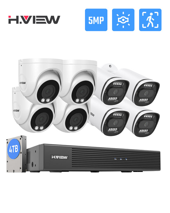 H.View 5MP Ultra HD 8 canaux Système de sécurité POE avec dôme d'enregistrement audio et caméras de balle