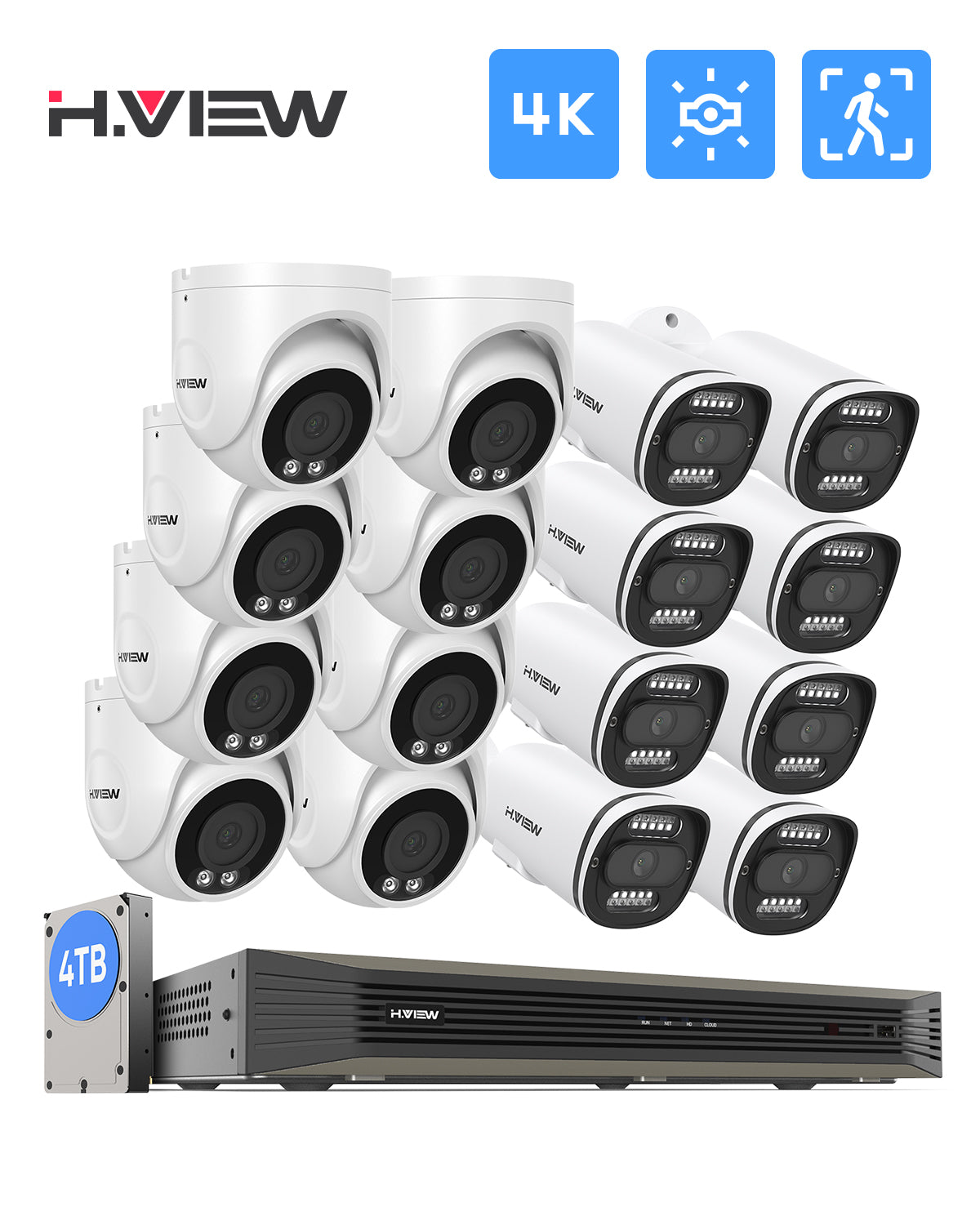 H.VIEW 16 Channels 4K 8MP PoE Security Camera System, Smart Dual Illumination, Audio Recording, Person Detection, HVK16-800S2+800S6-8MP