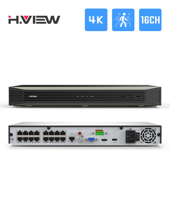 H.VIEW 16 Channels 4K 8MP POE NVR Recorder Onvif Video Recorder, Support 16x8MP/4K IP Security Cameras, Max up to 2×10TB Hard Drive(Not Included)
