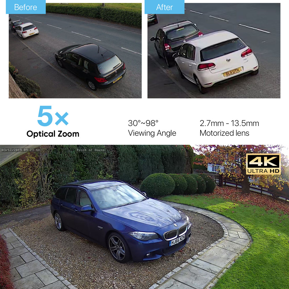 H.VIEW 4K (8MP) 5× Optical Zoom Outdoor Security Camera, Built-in SD Card Slot, 3840x2160, Audio, H.265, 100ft Night Vision, IP67 Waterproof IP Bullet PoE Camera, AI Detection