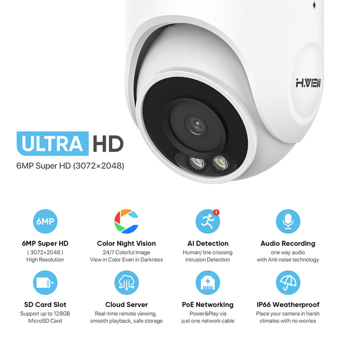 H.VIEW 6MP POE Surveillance Cameras, Full Color Night Vision camera, Home Security Camera, Built-in Mic, Wide Angle , Support 256GB Micro SD Card, Cloud Storage, 6MP@25fps