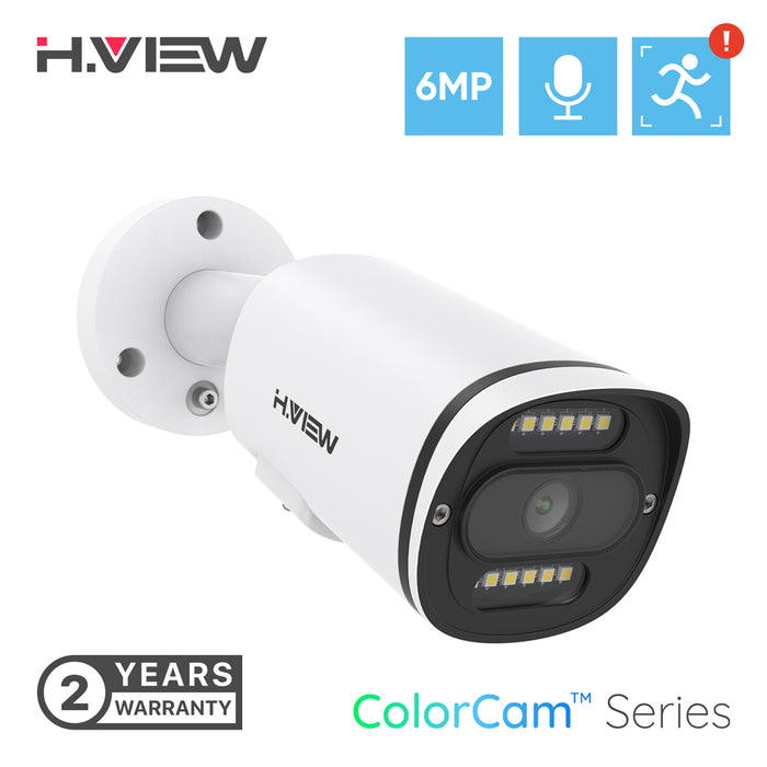 H.VIEW 6MP Ultra HD Security Camera, IP POE Network Camera, Full Color Night Vision, Smart H.265+, Bullet Weatherproof ip67, Built-in Mic,Human Detection