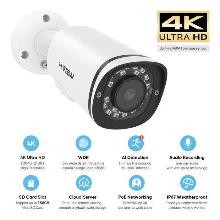 H.VIEW 4K POE Camera with Microphone, One-way Audio, Cloud Server, MicroSD Recording, Human Body Detection, 2.8mm Lens, IP67 Weatherproof, Support up to 256GB SD Card( Not Included)