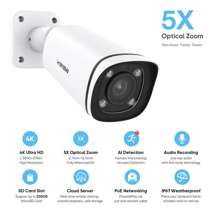 H.VIEW 4K (8MP) 5× Optical Zoom Outdoor Security Camera, Built-in SD Card Slot, 3840x2160, Audio, H.265, 100ft Night Vision, IP67 Waterproof IP Bullet PoE Camera, AI Detection