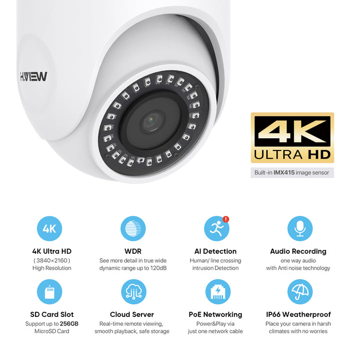H.View 4K PoE IP Dome Camera with Audio, 2.8mm Lens, Wide Angle, Built-in SD Card Slot, Security Outdoor Camera, Cloud Storage, IP67 Weatherproof (2 Years Warranty)(HV-E800DA)