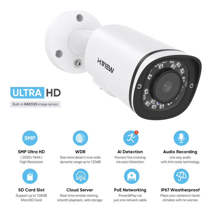 H. View 5MP PoE IP Bullet Camera Outdoor Weatherproof IP67, One-Way Audio, Built-in SD Card Slot, 2.8mm, Wide Angle, Human Body Detection, Snapshot Alert (HV-500G2A)