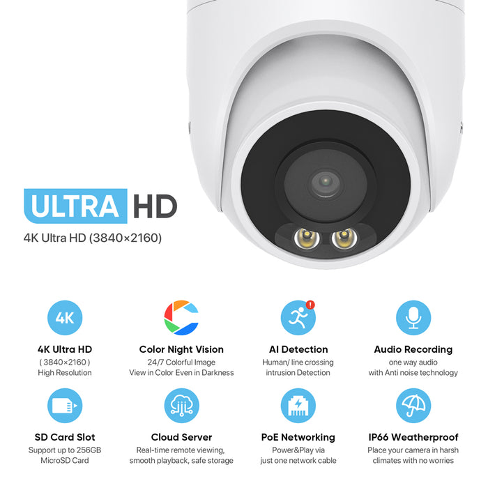 H.VIEW 8MP Ultra HD Security Camera, IP POE Network Camera, Full Color Night Vision, Smart H.265+, Dome Weatherproof IP67, Built-in Mic,Human Detection