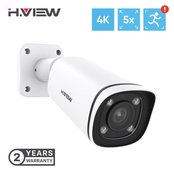 H.VIEW 4K (8MP) 5× Optical Zoom Outdoor Security Camera, Built-in SD Card Slot, 3840x2160, Audio, H.265, 100ft Night Vision, IP67 Waterproof IP Bullet PoE Camera, AI Detection