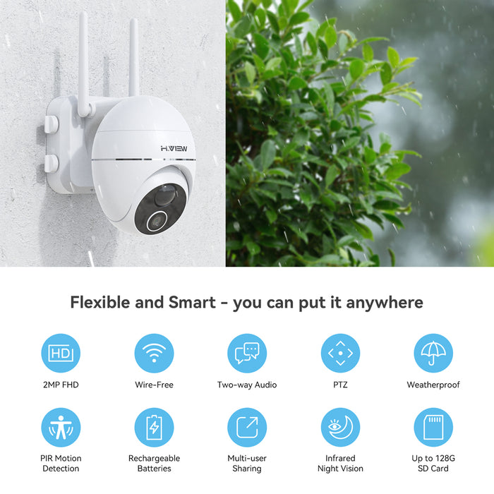 H.VIEW Security Camera Outdoor, Wireless WiFi 360° PTZ Camera, 15000mAh Solar Security Camera Battery Powered, Home Surveillance Camera with 2-Way Audio, Motion Detection